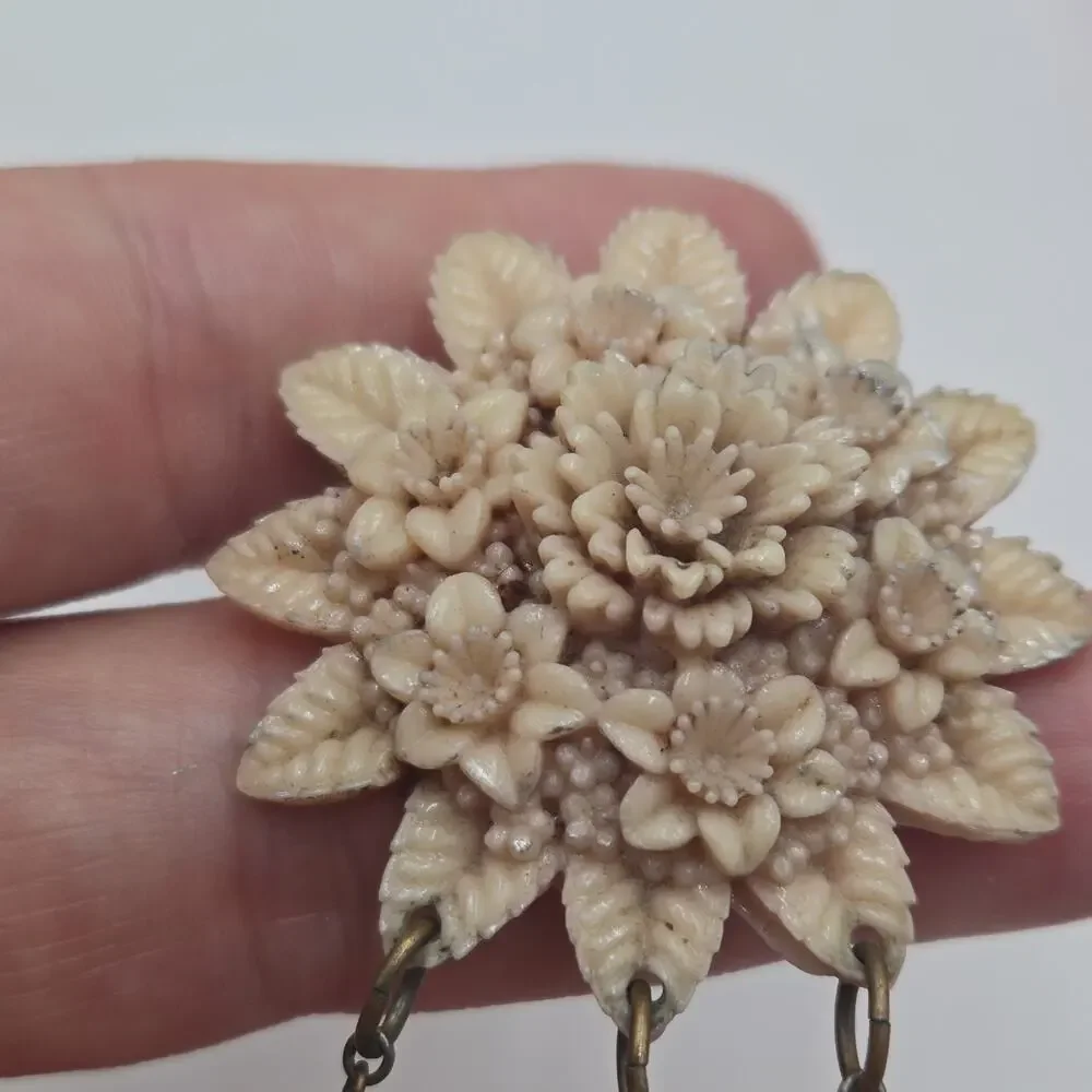 Vintage 1930s 40s Carved Celluloid Flower Brooch with Pink Dangles
